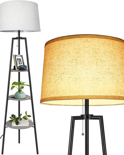 OUTON Tripod Floor Lamp with Shelves, Modern Shelf Floor Lamp with 3 Color Temperature, LED Dimmable Tall Standing Corner Lamp with Beige Linen Texture Shade for Living Room, Bedroom, Office, Grey - LeafyLoom