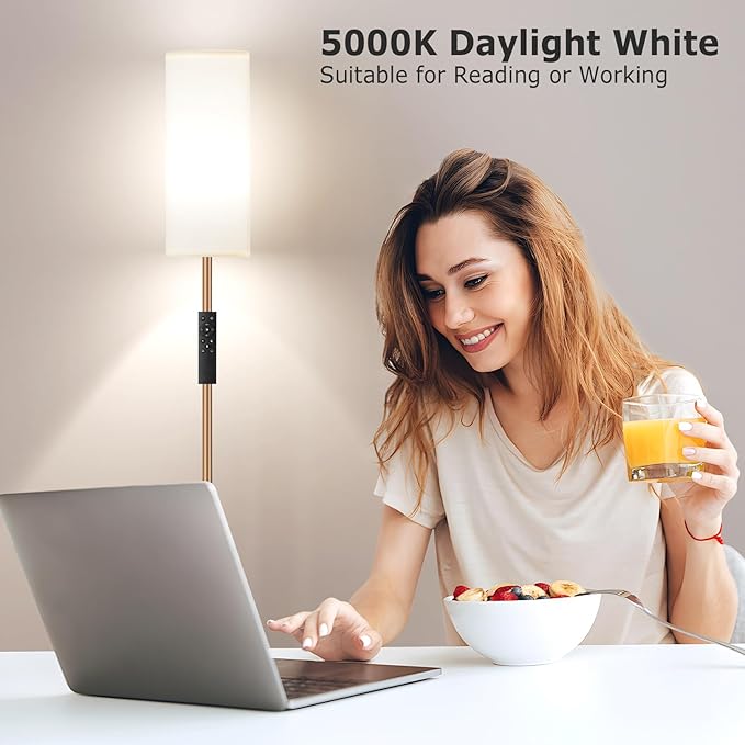 Ambimall 64'' Floor Lamps for Living Room with Remote Control and Stepless Dimmable Colors Temperature & Brightness, 9W Bulb Included(White Lampshade & Brown Pole) - LeafyLoom
