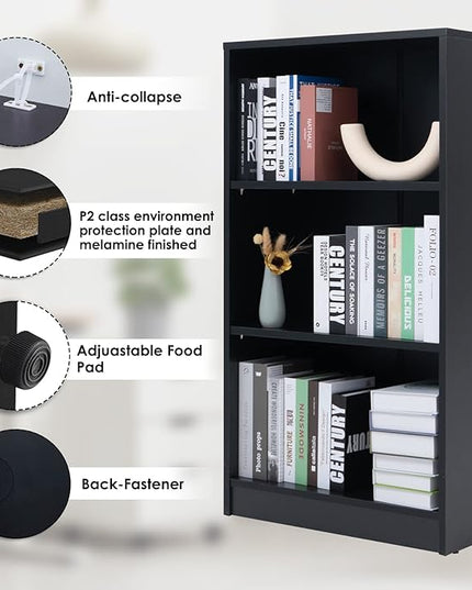 Sunon 3 Shelf Wood Bookcase Freestanding Display Shelf Adjustable Layers Bookshelf for Home Office Library Small Narrow Space (Black, 3-Layers) - LeafyLoom
