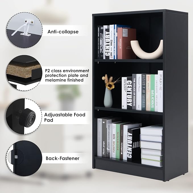 Sunon 3 Shelf Wood Bookcase Freestanding Display Shelf Adjustable Layers Bookshelf for Home Office Library Small Narrow Space (Black, 3-Layers) - LeafyLoom