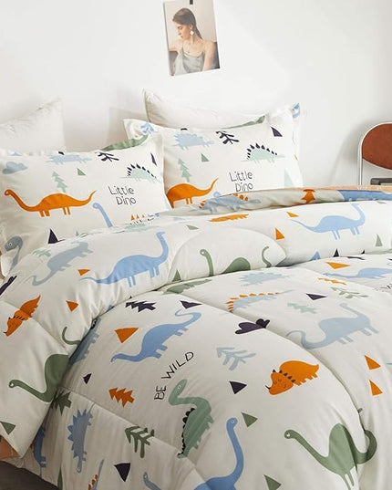 Joyreap 3pcs Cotton Comforter Set for Kids, Dinosaur Twin Size Cotton Bedding Comforter for Boys Girls, White n Orange Reversible Design, Soft n Cozy Comforter for All Season- 68x88 inches - LeafyLoom