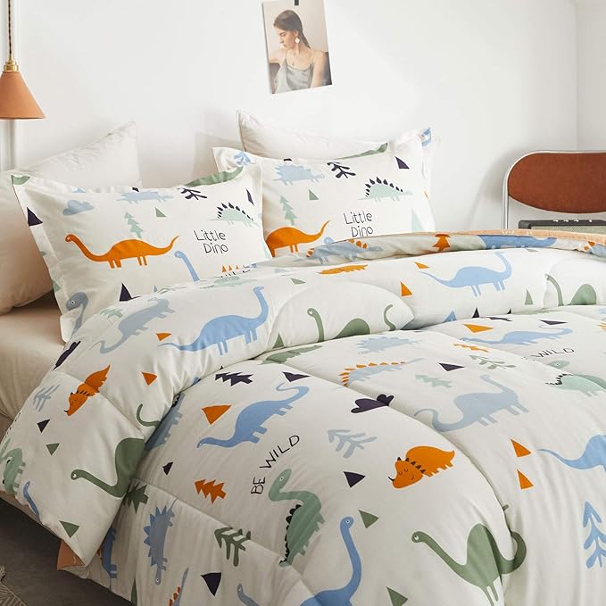 Joyreap 3pcs Cotton Comforter Set for Kids, Dinosaur Twin Size Cotton Bedding Comforter for Boys Girls, White n Orange Reversible Design, Soft n Cozy Comforter for All Season- 68x88 inches - LeafyLoom