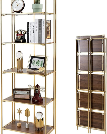 No Assembly Folding Bookshelf, 5 Tier Gold Bookshelf, Metal Book Shelf for Storage, Folding Bookcase for Office Organization and Storage, 12.87" D x 22.91" W x 68.1" H - LeafyLoom