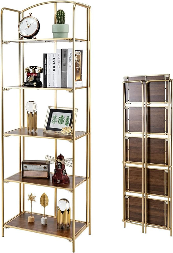 No Assembly Folding Bookshelf, 5 Tier Gold Bookshelf, Metal Book Shelf for Storage, Folding Bookcase for Office Organization and Storage, 12.87" D x 22.91" W x 68.1" H - LeafyLoom