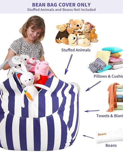 Aubliss Stuffed Animal Bean Bag Storage Chair (Royal Blue/White Striped, Medium (32'')) - LeafyLoom