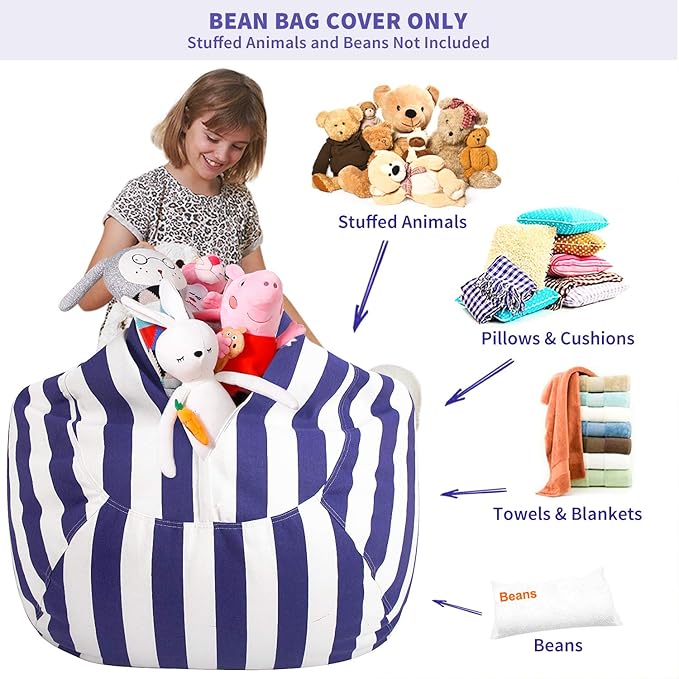 Aubliss Stuffed Animal Bean Bag Storage Chair (Royal Blue/White Striped, Medium (32'')) - LeafyLoom
