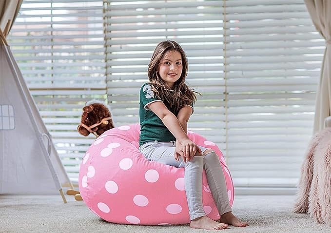 Wekapo Stuffed Animal Storage Bean Bag Chair Cover for Kids | Stuffable Zipper Beanbag for Organizing Children Plush Toys Large Premium Cotton Canvas (Pink Dot, XX-Large) - LeafyLoom