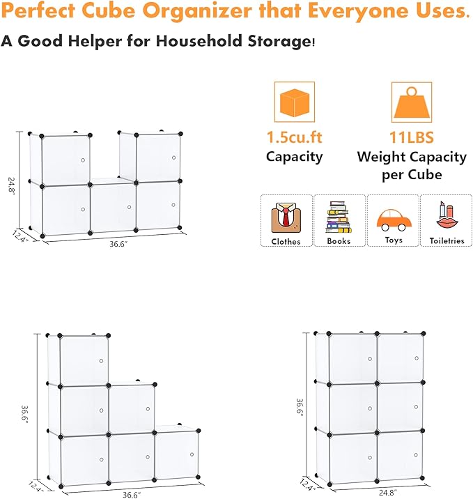 C&AHOME Cube Storage Organizer with Doors, 6-Cube Shelves, Closet Cabinet, DIY Plastic Modular Bookshelf Ideal for Bedroom, Living Room, 36.6”L x 12.4”W x 36.6”H White USBTM3006B-DOOR - LeafyLoom