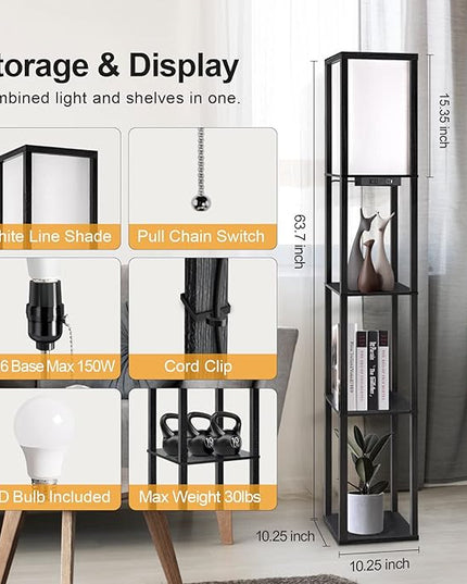 OUTON Floor Lamp with Shelves, Dimmable Shelf Floor Lamp with Remote, 1USB & 1 Type C Ports, 1 Power Outlet, Modern Standing Lamp with 4 Color Temperature for Living Room, Bedroom, Matte Black - LeafyLoom