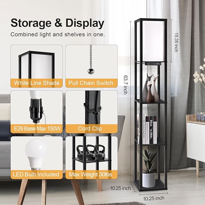 OUTON Floor Lamp with Shelves, Dimmable Shelf Floor Lamp with Remote, 1USB & 1 Type C Ports, 1 Power Outlet, Modern Standing Lamp with 4 Color Temperature for Living Room, Bedroom, Matte Black - LeafyLoom
