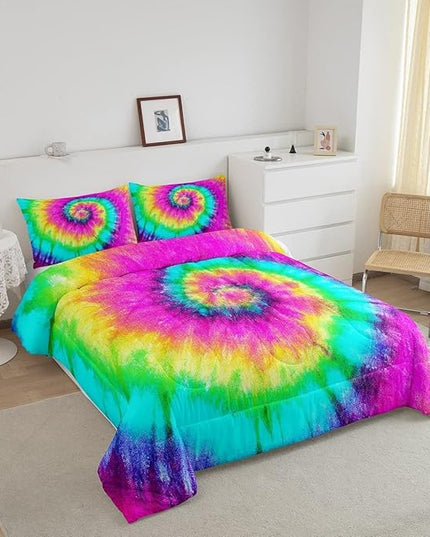3 Piece Rainbow Tie Dye Comforter Set with 2 Pillowcases Boho Psychedelic Bedding Set for Kids Girls Teens Bohemian Gypsy Exotic Spiral Quilted Duvet Soft Comfy, Watercolor Art Down Comforter,King - LeafyLoom
