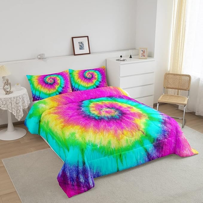 3 Piece Rainbow Tie Dye Comforter Set with 2 Pillowcases Boho Psychedelic Bedding Set for Kids Girls Teens Bohemian Gypsy Exotic Spiral Quilted Duvet Soft Comfy, Watercolor Art Down Comforter,King - LeafyLoom