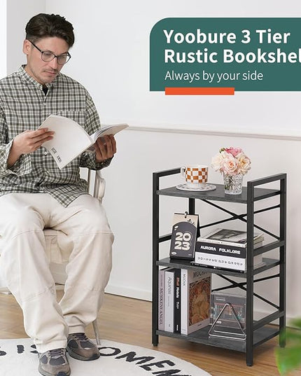 Yoobure Bookshelf Small Book Shelf, Solid Industrial 3 Tier Shelf Bookcase, Short Book Case for Bedroom, Living Room, Office Home, Small Spaces, Charcoal Gray - LeafyLoom