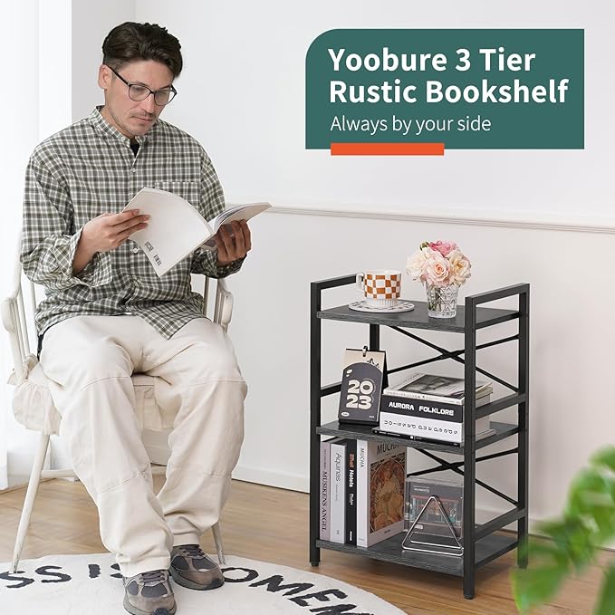 Yoobure Bookshelf Small Book Shelf, Solid Industrial 3 Tier Shelf Bookcase, Short Book Case for Bedroom, Living Room, Office Home, Small Spaces, Charcoal Gray - LeafyLoom