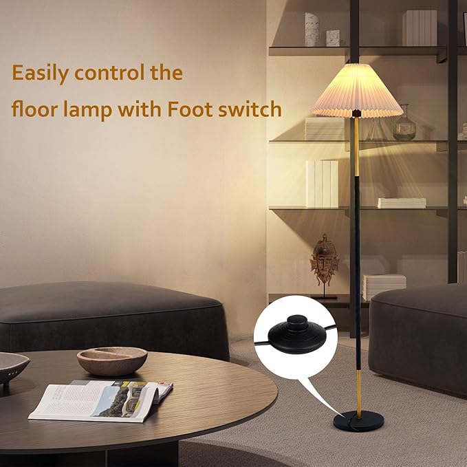Floor Lamp,9W LED Edison Bulbs Included Nordic Design Standing Lamp with Foot Switch with Pleated Shade, 66‘‘Tall Floor Lamp Reading for Living Room Bedroom Office Classroom Dorm Room - LeafyLoom