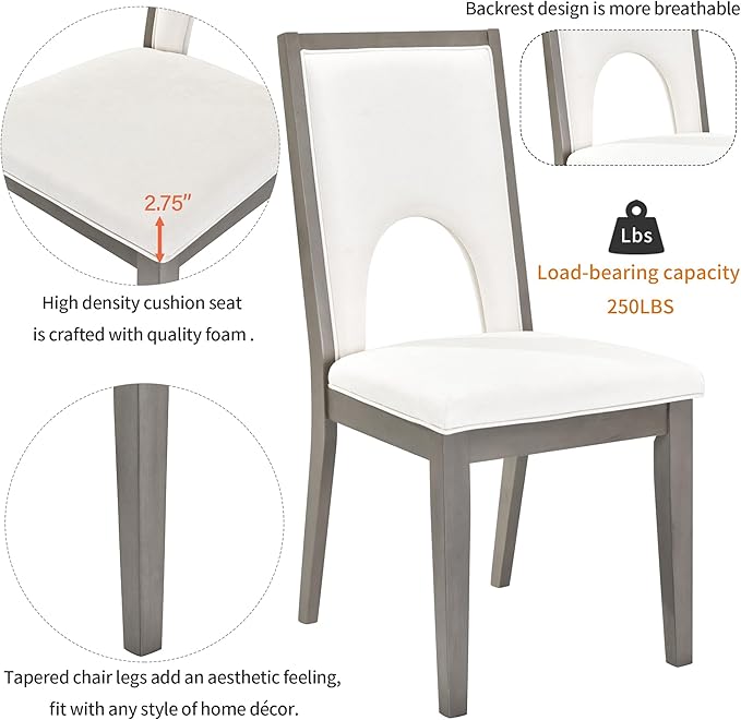 60 Inch Dining Table Set for 6, 7-Piece Rectangular Dining Table and 6 Upholstered Chairs with Special U-Shape Design, Wood Kitchen Table Set for Dining Room, Grey+Beige - LeafyLoom