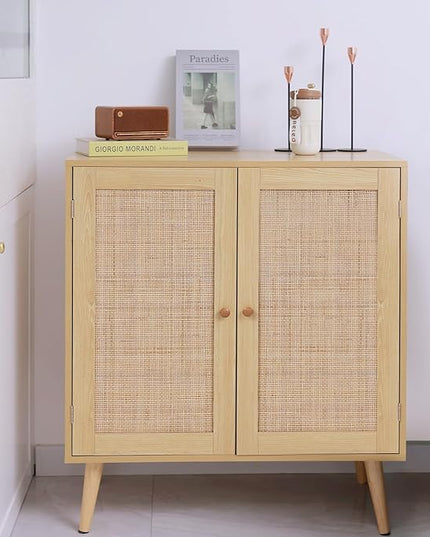 Sideboard Buffet Cabinet with Storage, Kitchen Storage Cabinet with Rattan Doors, Rattan Cabinet with Adjustable Shelves for Hallway, Living Room, 31.5 x 15.7 x 35 Natural, Assemble Easily - LeafyLoom