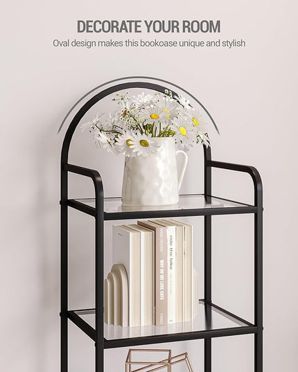 Bookcase Bookshelf, Tempered Glass Bookshelves, Slim Shelving Unit for Bedroom, Bathroom, Home Office, Steel Frame, 5 Tier Black BC05001B - LeafyLoom