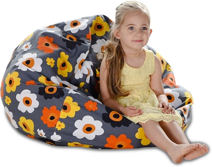 YuppieLife Kids Storage Bean Bag Cover（No Filling）Toy Organizer|Carrying Handle Sofa|Available for Kids and Teenager|Cuddle Chair|Machine Washable and Durable（38“,Grey Flora） - LeafyLoom
