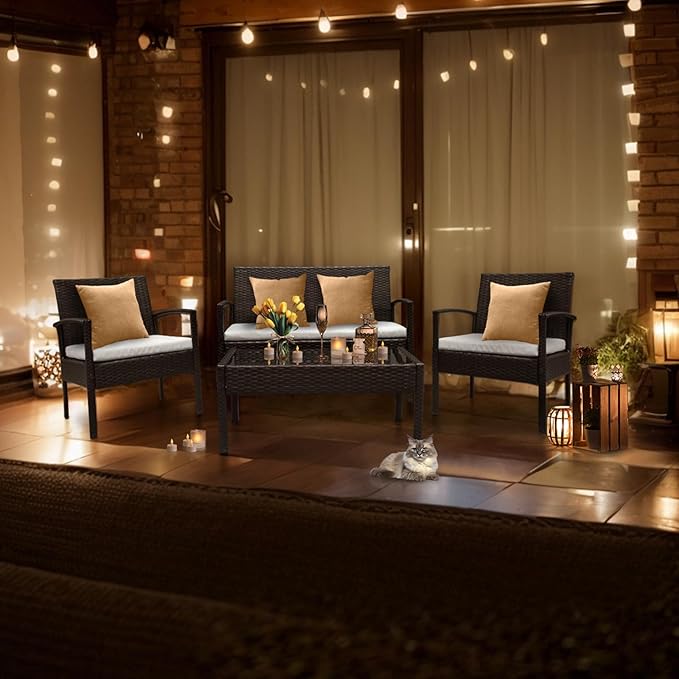 Outvita 4 Pieces Patio Furniture Set, Rattan Conversation Sets with Loveseat Soft Cushion and Glass Table for Garden Backyard Balcony Porch Poolside(Black) - LeafyLoom