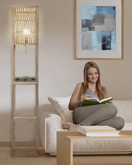Fovara - Boho Floor Lamp with Rattan Shade - Shelves Floor Lamps for Living Room - Bohemian Light with Natural Wood Shelf - Decoration for Bedrooms with Charging Base, USB Port, and Power Socket - LeafyLoom