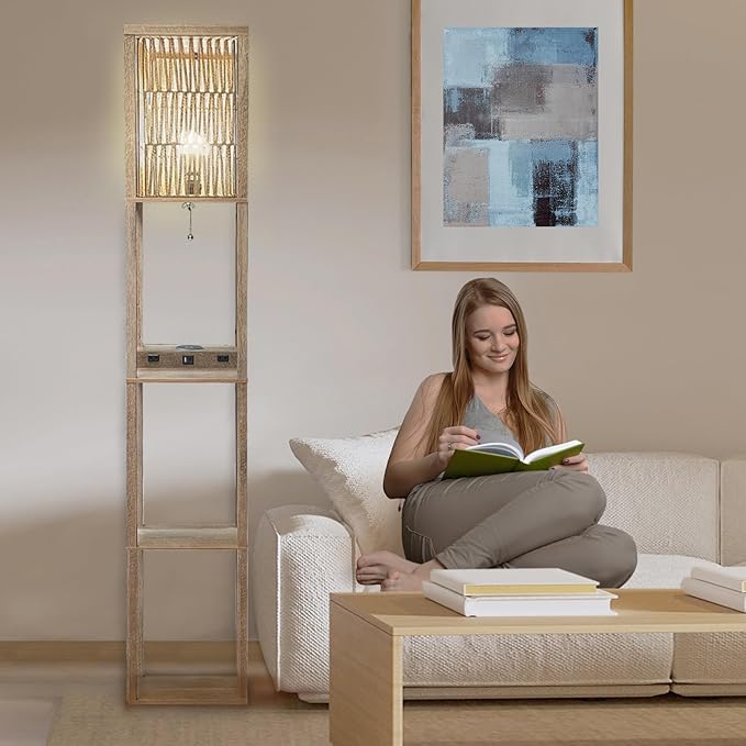 Fovara - Boho Floor Lamp with Rattan Shade - Shelves Floor Lamps for Living Room - Bohemian Light with Natural Wood Shelf - Decoration for Bedrooms with Charging Base, USB Port, and Power Socket - LeafyLoom