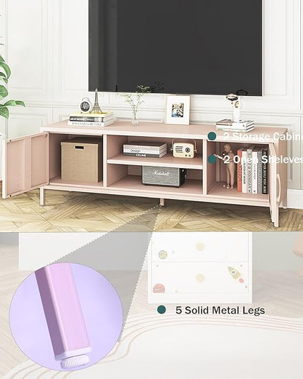 TV Stand for 55 60 inch TV, Metal TV Cabinet Modern Mid Century Entertainment Center with Storage, TV Industrial Media Console Table 2 Cabinet for Living Room, Bedroom, Office (Pink) - LeafyLoom