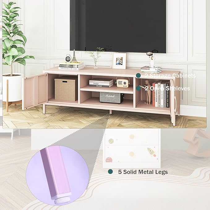 TV Stand for 55 60 inch TV, Metal TV Cabinet Modern Mid Century Entertainment Center with Storage, TV Industrial Media Console Table 2 Cabinet for Living Room, Bedroom, Office (Pink) - LeafyLoom