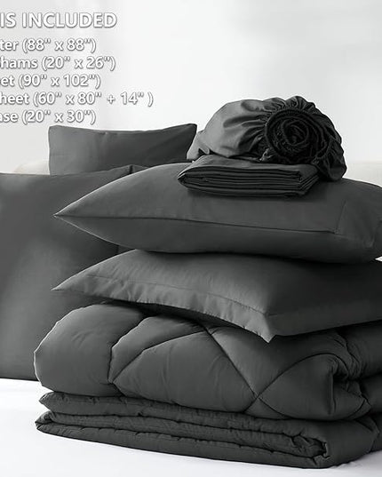 CozyLux Queen Bed in a Bag 7-Pieces Comforter Sets with Comforter and Sheets Dark Grey All Season Bedding Sets with Comforter, Pillow Shams, Flat Sheet, Fitted Sheet and Pillowcases - LeafyLoom
