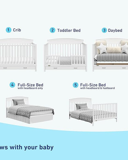 Graco Benton 5-in-1 Convertible Crib with Drawer (White) - Converts from Baby Crib to Toddler Bed, Daybed and Full-Size Bed, Fits Standard Full-Size Crib Mattress, Adjustable Mattress Support Base - LeafyLoom