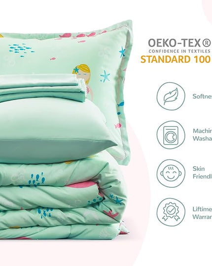 SLEEP ZONE Kids Bedding Comforter Set Full/Queen Size - Super Cute & Soft Kids Bedding 7 Pieces Set with Comforter, Sheet, Pillowcase & Sham (Mermaid Princess) - LeafyLoom