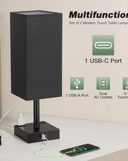 aooshine Black Base Black Shade Set of 2 Touch Lamp with USB Port-Nightstand Lamp with USB-C+A Charge Ports& AC Outlets, 3-Way Dimmable Bedside Lamp, Small Table Lamp for Bedroom(Bulb Included) - LeafyLoom