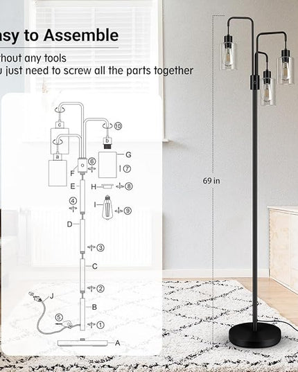 BoostArea Industrial Floor Lamp for Living Room,Glass Lampshade,Modern Stand Up Lamp with 3 Light,Simple Design Floor Lamp for Bedroom, Living Room, Office, Kids Room, Reading - LeafyLoom