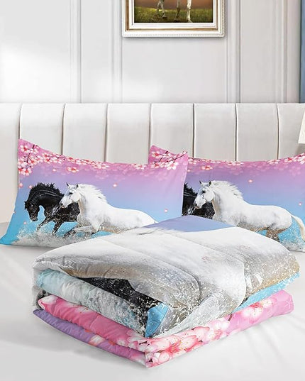 Kid Horse Comforter Set Room Floral Animal Theme Handsome Horse Chic Cherry Blossom Bedding Set 3D Wild Animal Decor Quilt Set for Girls Adult, 1 Comforter + 2 Pillowcases - LeafyLoom