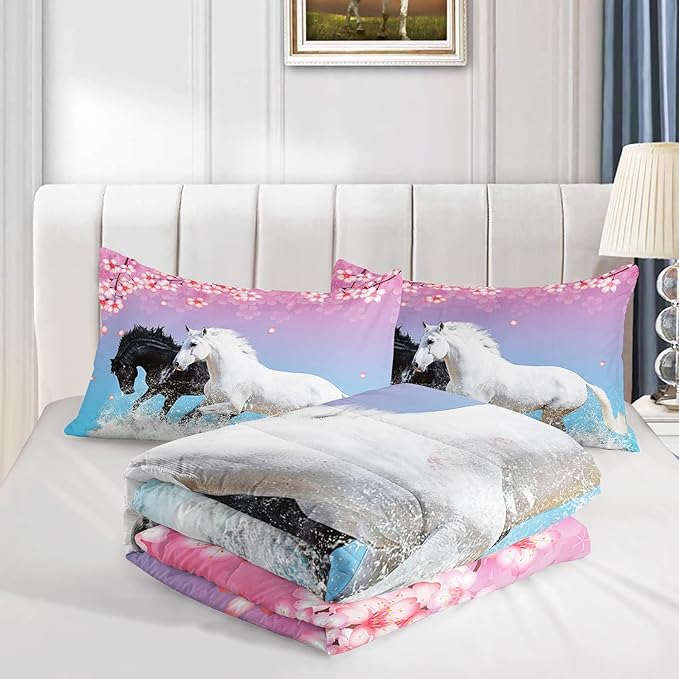 Kid Horse Comforter Set Room Floral Animal Theme Handsome Horse Chic Cherry Blossom Bedding Set 3D Wild Animal Decor Quilt Set for Girls Adult, 1 Comforter + 2 Pillowcases - LeafyLoom