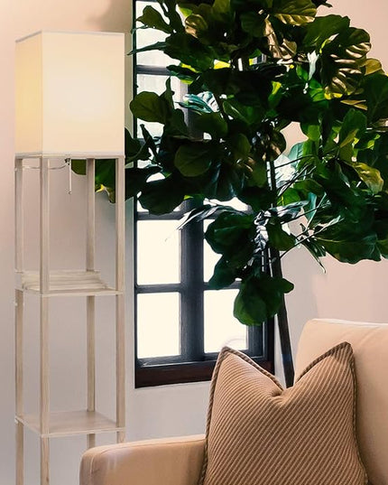 Brightech Maxwell Charger - Modern Shelf Floor Lamp with USB Charging Ports & Electric Outlet - Corner Display Floor Lamps with Shelves for Living Room, Bedroom and Office - Rustic Wood - LeafyLoom