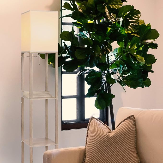 Brightech Maxwell Charger - Modern Shelf Floor Lamp with USB Charging Ports & Electric Outlet - Corner Display Floor Lamps with Shelves for Living Room, Bedroom and Office - Rustic Wood - LeafyLoom