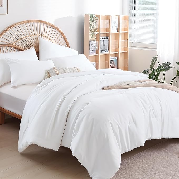Queen Comforter Set White Comforter Boho Solid Color Bedding Comforter Set for All Season Soft lightweight Microfiber 3PCS Reversible Comforter Set (1 Comforter, 2 Pillowcases) - LeafyLoom
