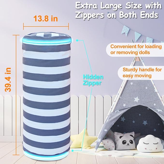 Stuffed Animal Storage Bean Bag Cover for Kids, Bean Bag Stuffed Animal Storage for Boys and Girls | Organize, Sit, Play, Box | X-Large, Cylinder, 2 Zippers at Both Ends, 100% Cotton Canvas - LeafyLoom