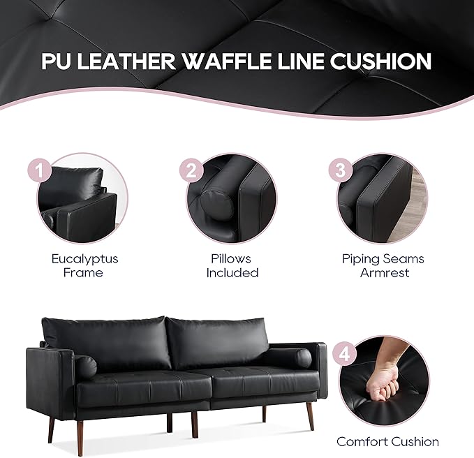 Vonanda Faux Leather Sofa Couch, Mid-Century 73 Inch 3 Seater Leather Couch with Wood Grain Metal Legs and Bolster Pillows for Living Room,Elegant Black - LeafyLoom