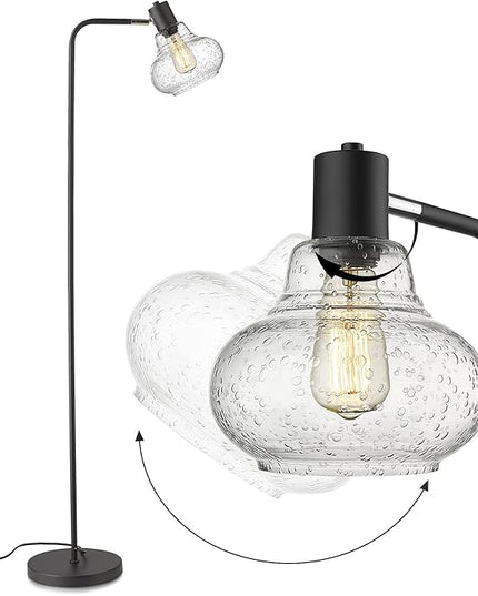ELYONA Industrial Floor Lamp, Modern Standing Light with Handblown Seeded Bubble Glass Shade, Tall Pole Farmhouse Corner Light for Living Room Bedroom Office, Edison 6W Bulb Included, Black - LeafyLoom
