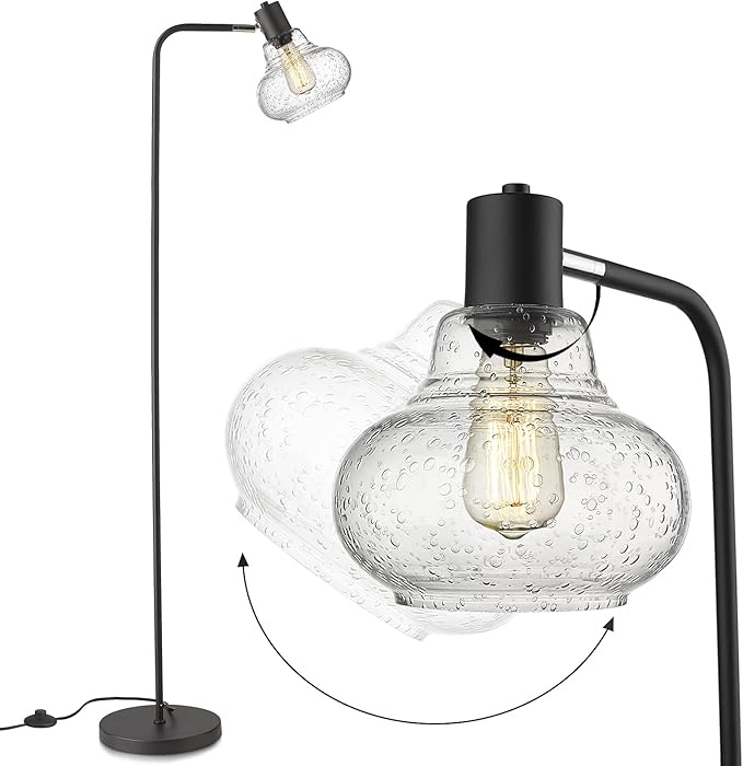 ELYONA Industrial Floor Lamp, Modern Standing Light with Handblown Seeded Bubble Glass Shade, Tall Pole Farmhouse Corner Light for Living Room Bedroom Office, Edison 6W Bulb Included, Black - LeafyLoom
