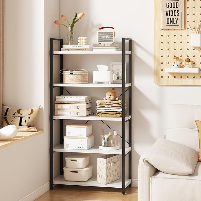 Tall Bookshelf with Large Storage,5 Tier Bookcase in Bedroom,Living Room and Office,Modern Wide Bookcase Shelf for Storing Books/Plants,White - LeafyLoom