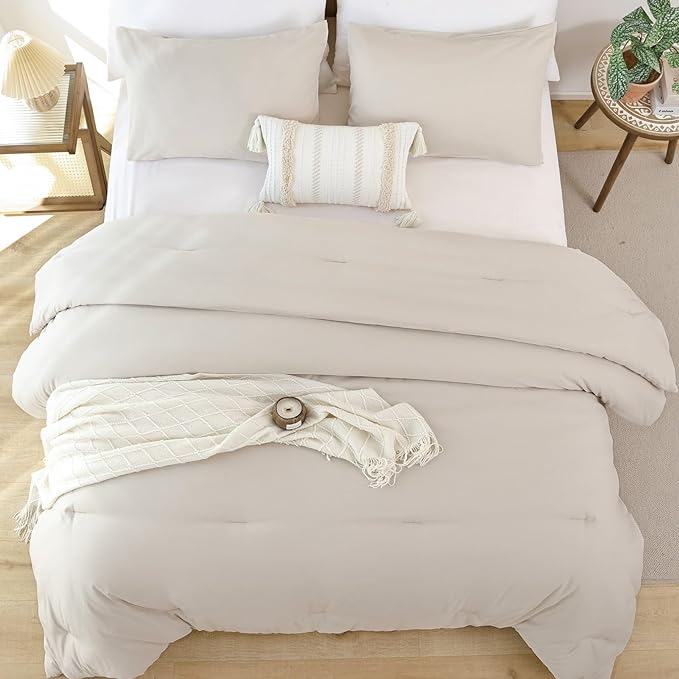 ROSGONIA King Size Comforter Set Beige, 3pcs (1 Boho Comforter & 2 Pillowcases) All Season Bedding Soft Lightweight Bedspread Cozy Blanket Quilt - LeafyLoom