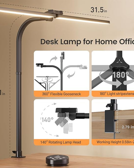 LED Desk Lamp, 24W Bright Architect Desk Lamp for Home Office, Clamp Desk Light with Adjustable Flexible Gooseneck & Remote Control, Eye Caring Table Light for Workbench Study Reading Drafting - LeafyLoom