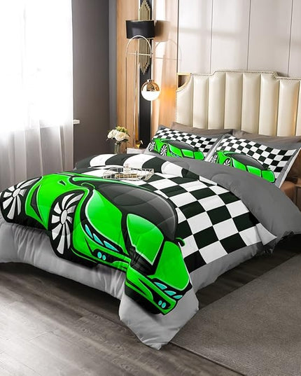 Erosebridal Kid Comforter Set King Size, Racing Car Bedding Set for Boys Girls Teen Kids Children Car Racing Gifts, Race Cars Quilt with 1 Comforter 2 Pillowcases,Green Grey Race Car Decor for Room - LeafyLoom