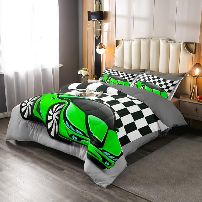 Racing Car Comforter Set, Cool Speed Race Car Down Comforter Twin for Kids Boys Girls Teens Bedroom, Automobile Extreme Sport Bedding Set Plaid Checkered Duvet Sets with 1 Pillowcase, Grey Green - LeafyLoom