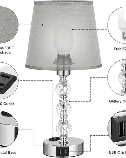 Acaxin Lamps for Bedrooms Set of 2 Nightstand- Crystal Table Lamps with USB C+A Ports & AC Outlet for Charging, 3 Way Dimmable Touch Silver Small Bed Side Table Lamp for Living Room/Guest Room - LeafyLoom