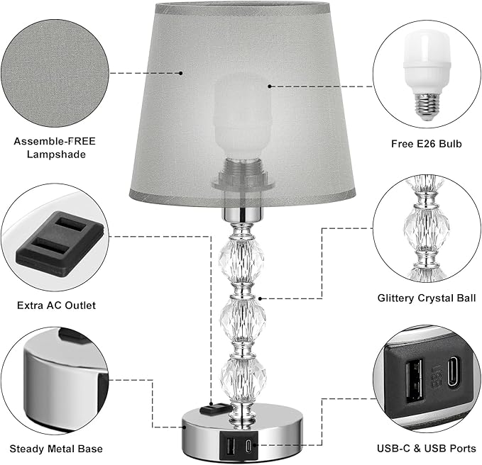 Acaxin Lamps for Bedrooms Set of 2 Nightstand- Crystal Table Lamps with USB C+A Ports & AC Outlet for Charging, 3 Way Dimmable Touch Silver Small Bed Side Table Lamp for Living Room/Guest Room - LeafyLoom