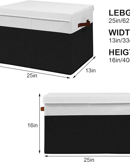 Large Toy Storage Box with Lid, Sturdy Toys Storage Chest Bin Organizer Basket with Dividers for Kids, Boys, Girls, Nursery, Closet, Bedroom, Playroom 25"x13" x16" (Black and White) - LeafyLoom